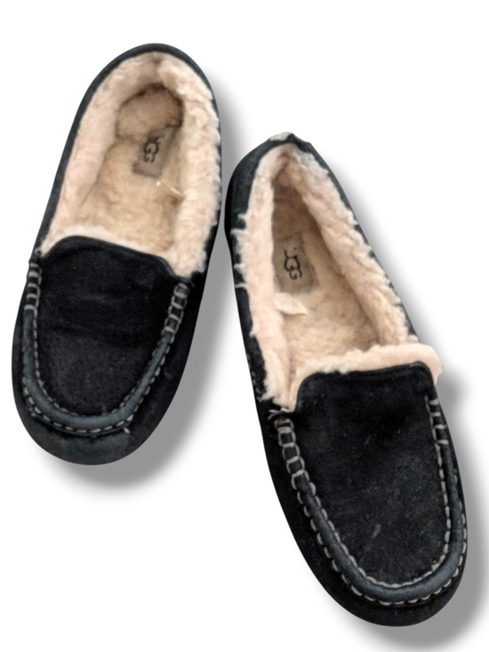 UGG Shoes - UGG Ansley Slippers, Black Leather Moccasin Style, Sherpa, Size 9